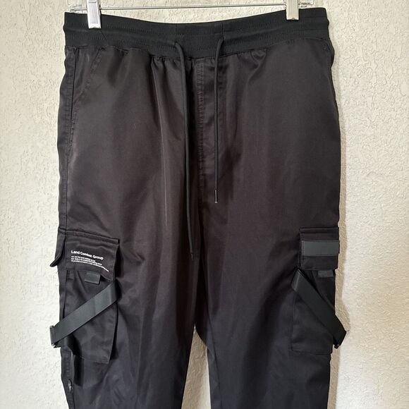 Black Jogger Pants Size M Flight Woven Elastic And Tie Waist Pockets Oversized - Picture 5 of 15